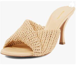 Wansseny Apricot Braided Open Toe Mules Slip on High Heel Backless Slide Sandals